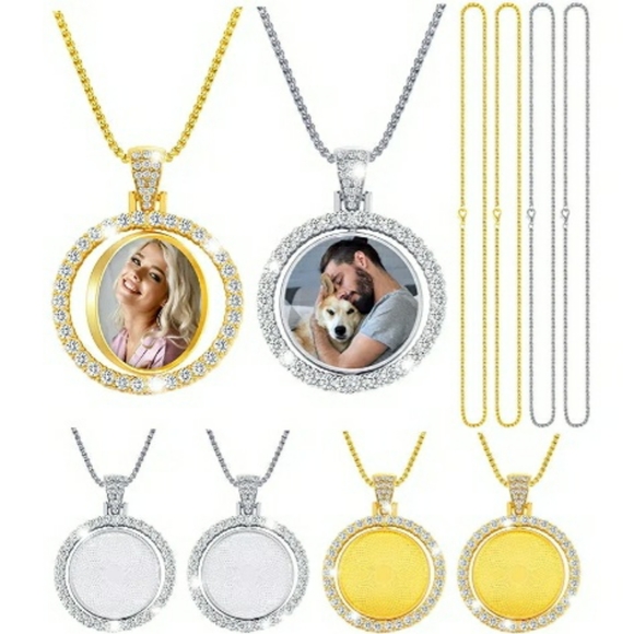 Double Sided Rhinestone Circle Photo Pendant in White Rose & Gold - Picture 2 of 5